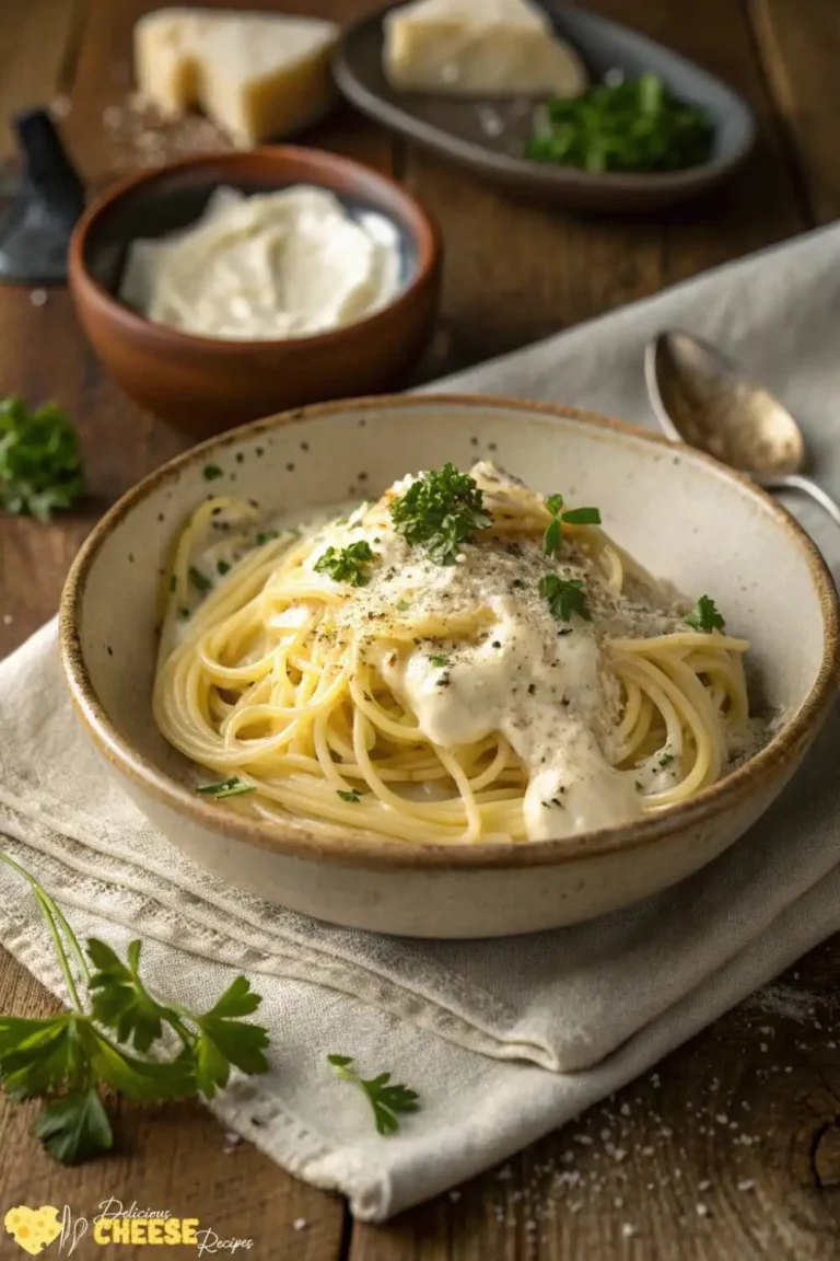 Spaghetti with creamy cottage cheese sauce, garnished with parsley and black pepper in a rustic ceramic bowl.