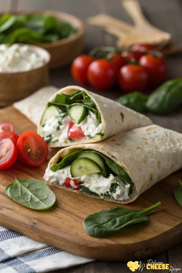 Healthy cottage cheese wrap cut in half, filled with cucumber, cherry tomatoes, spinach, and creamy cottage cheese on a wooden board