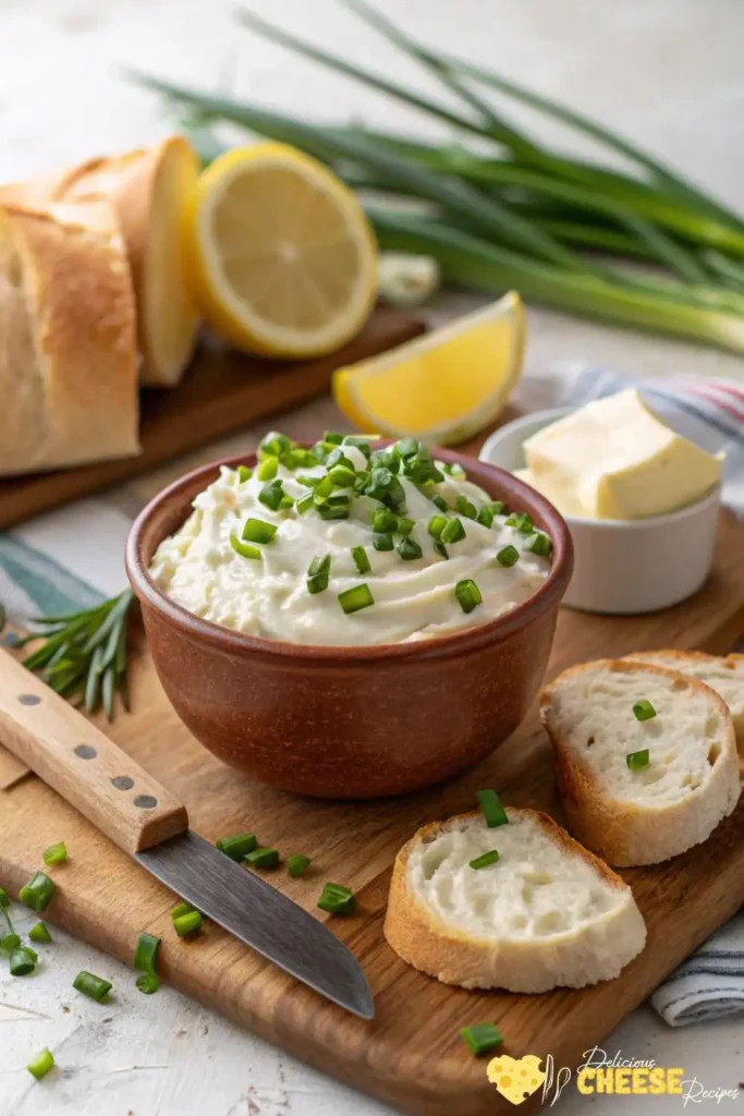Lactose free cream cheese in a rustic bowl topped with chopped chives, served with bread slices, lemon wedges, and a butter knife