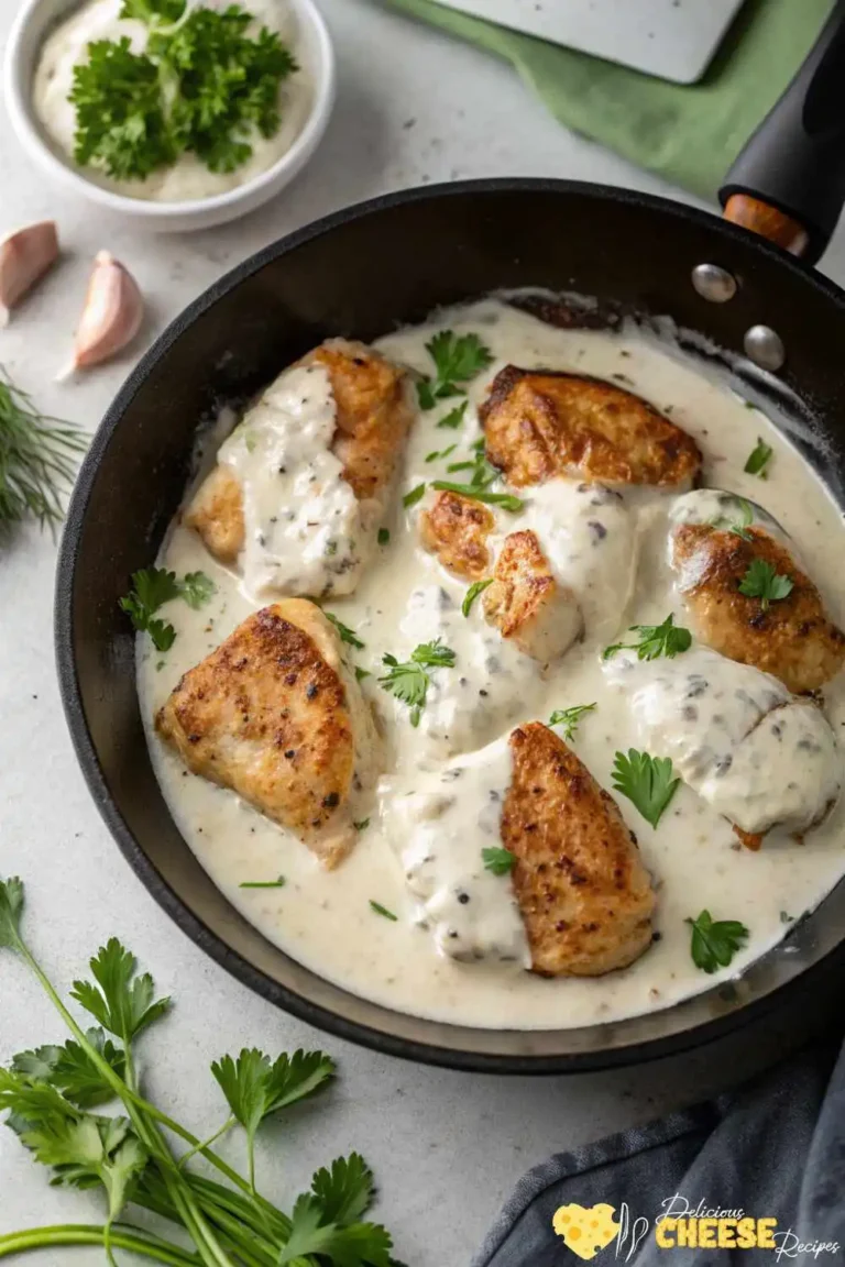 Creamy Philadelphia cheese and chicken skillet with parsley garnish, top-down view
