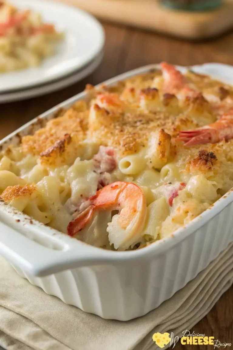 Baked seafood mac and cheese with golden crust, shrimp and crab visible in white dish