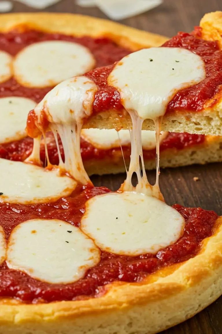 A delicious pizza with a cottage cheese crust, topped with tomatoes and melted cheese