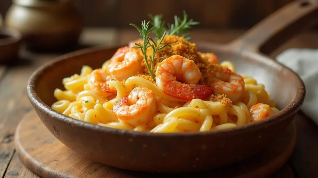 A delicious bowl of seafood mac and cheese with shrimp, crab, and lobster, garnished with herbs and breadcrumbs