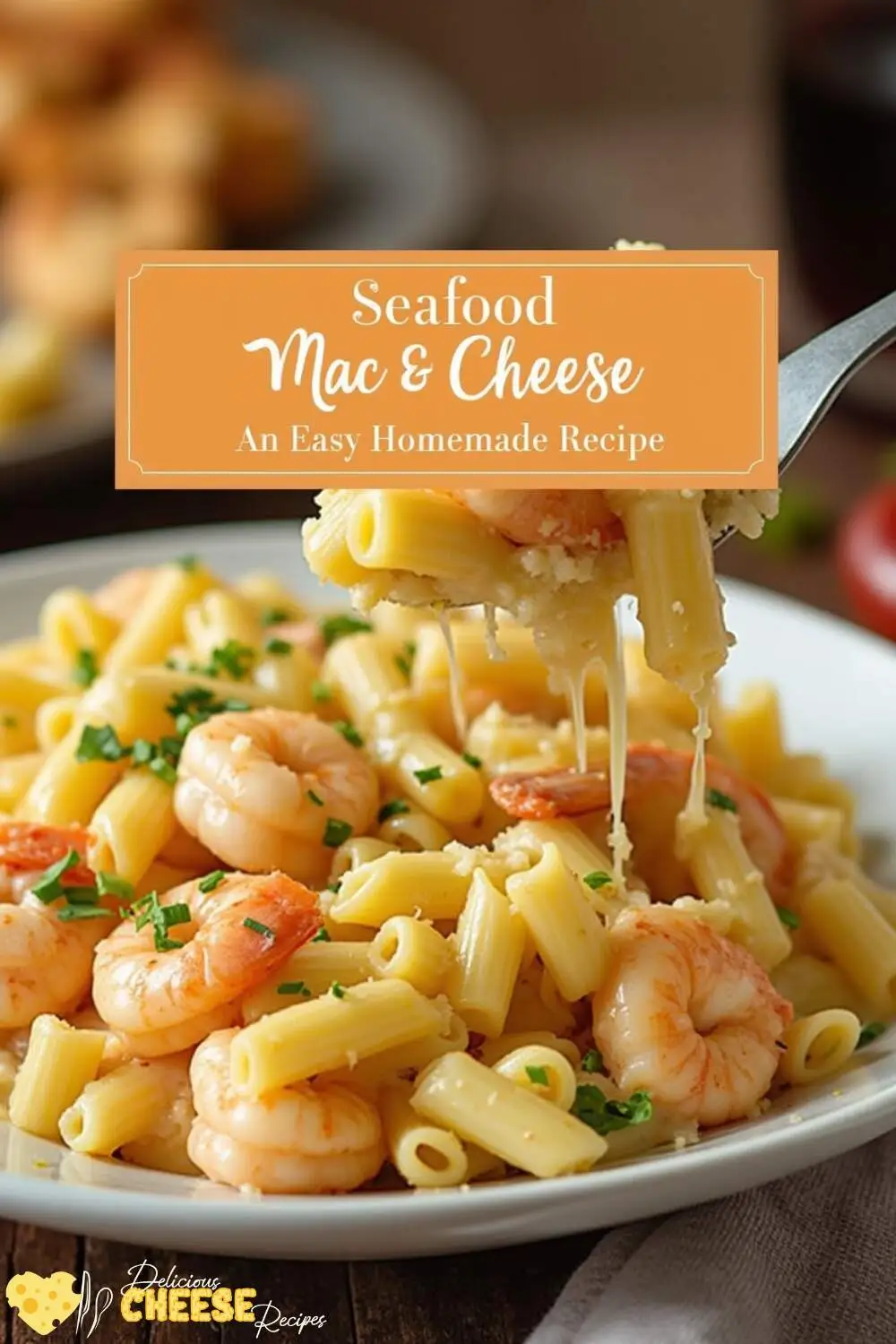 Seafood Mac and Cheese with creamy sauce and seafood topping, perfect for cheese lovers.