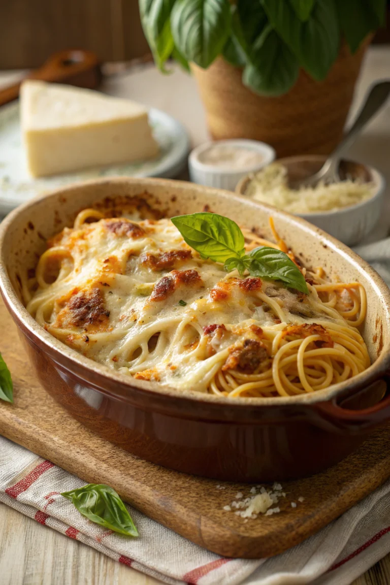A hot dish of baked spaghetti with cream cheese topped with golden-brown melted mozzarella and fresh basil leaves.