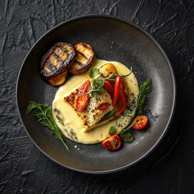 Grilled chicken with creamy cheese sauce, roasted vegetables, and fresh herbs on a dark plate- deliciouscheeserecipes