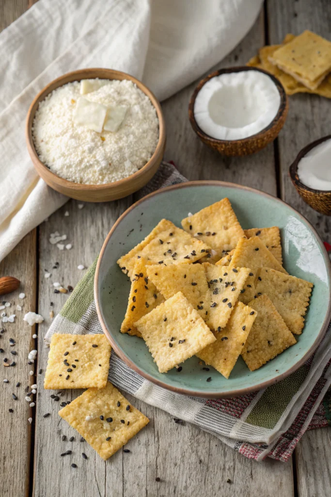 Golden cottage cheese chips sprinkled with Parmesan on a baking sheet