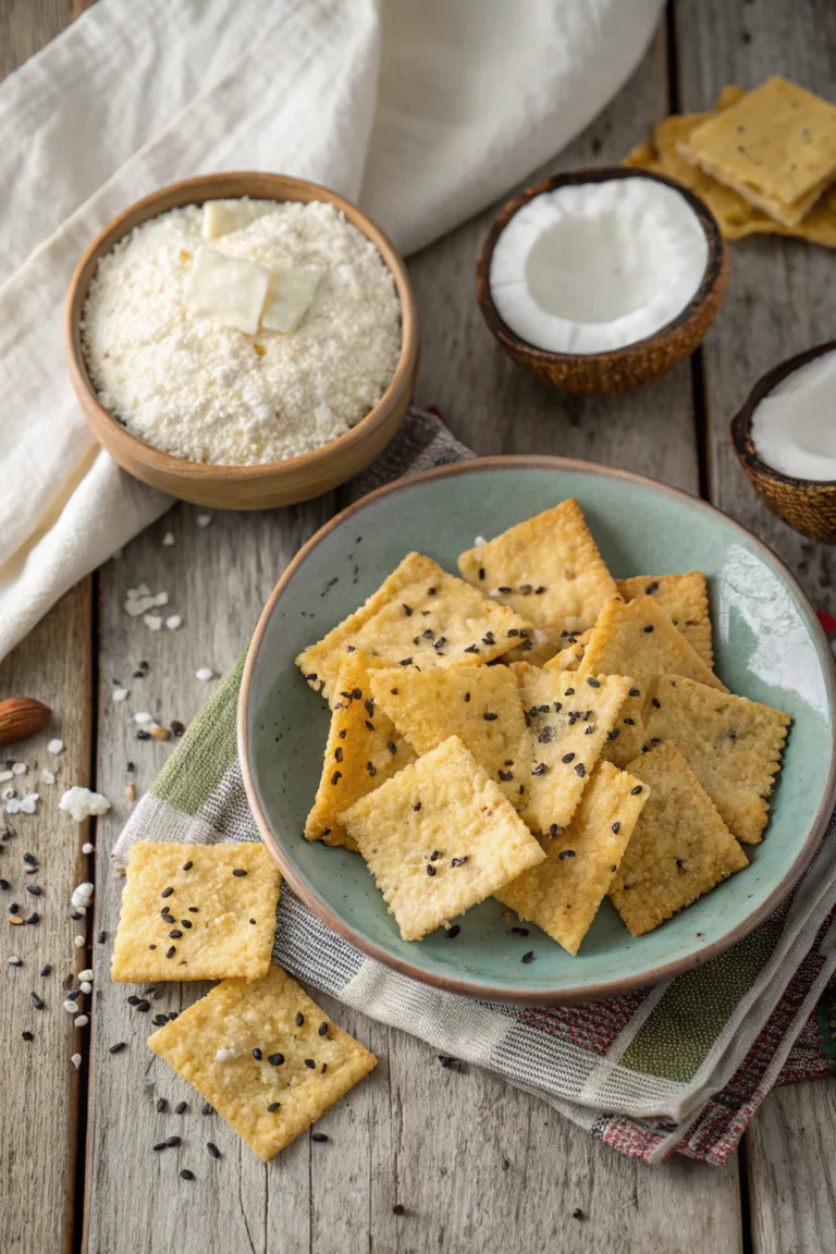 Golden cottage cheese chips sprinkled with Parmesan on a baking sheet