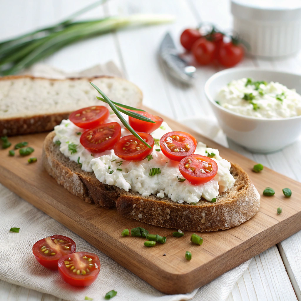 Open-faced sandwich with cottage cheese and cherry tomatoes on rustic bread