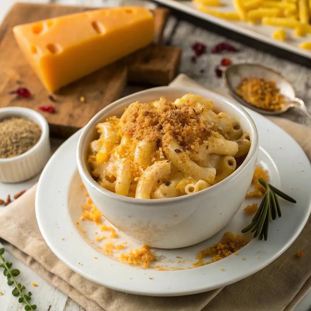 Creamy mac and cheese in a white bowl topped with golden breadcrumbs and herbs