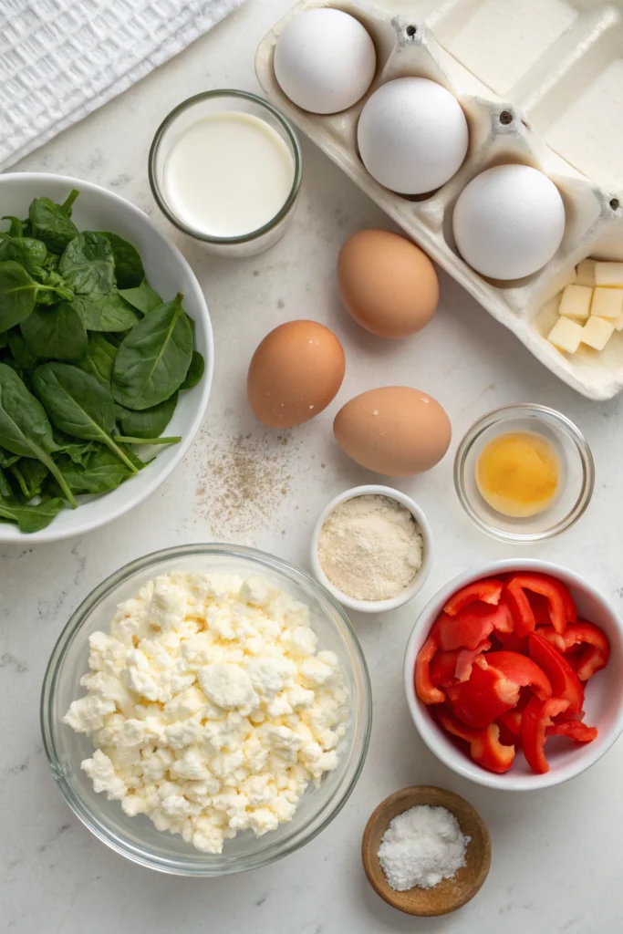 Delicious homemade egg bites with cottage cheese, spinach, and red bell peppers.