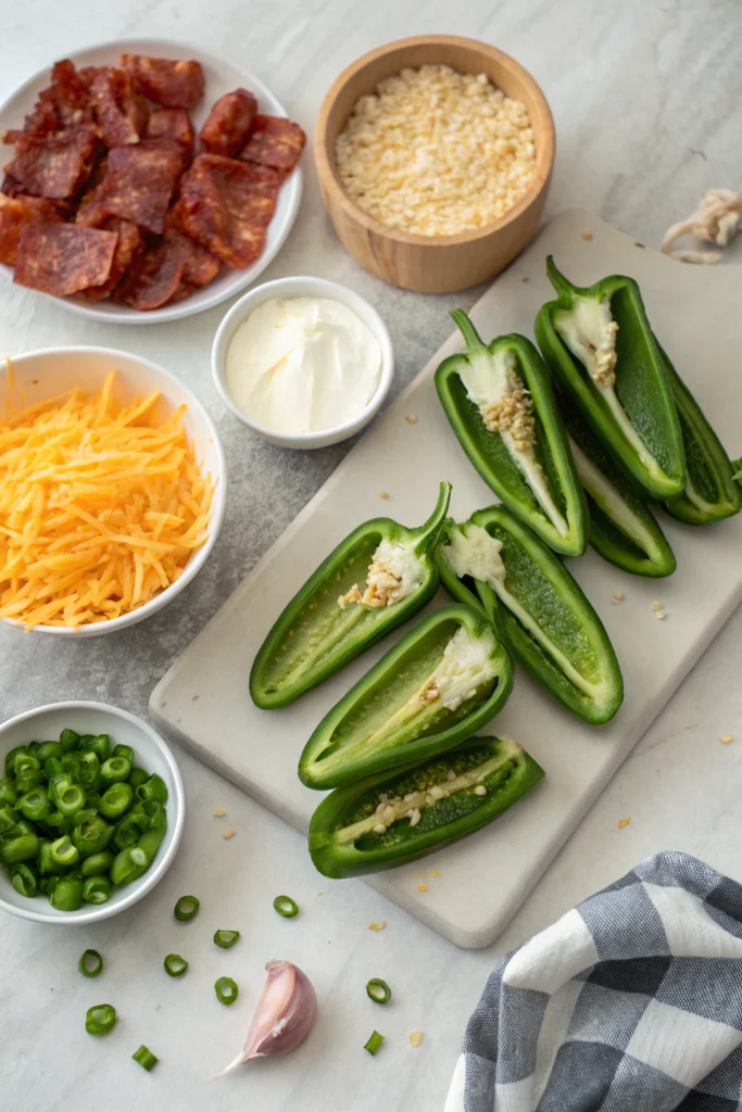 Plate of jalapeno poppers filled with cream cheese and topped with bacon.