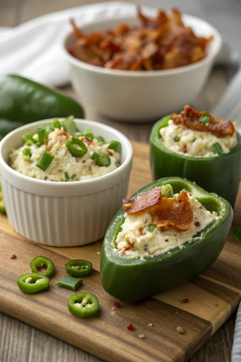 Tray of jalapeno cream cheese stuffed peppers topped with crispy bacon crumbles