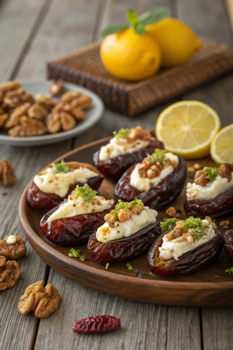 A platter of dates stuffed with Kite Hill cream cheese, topped with nuts and cinnamon.