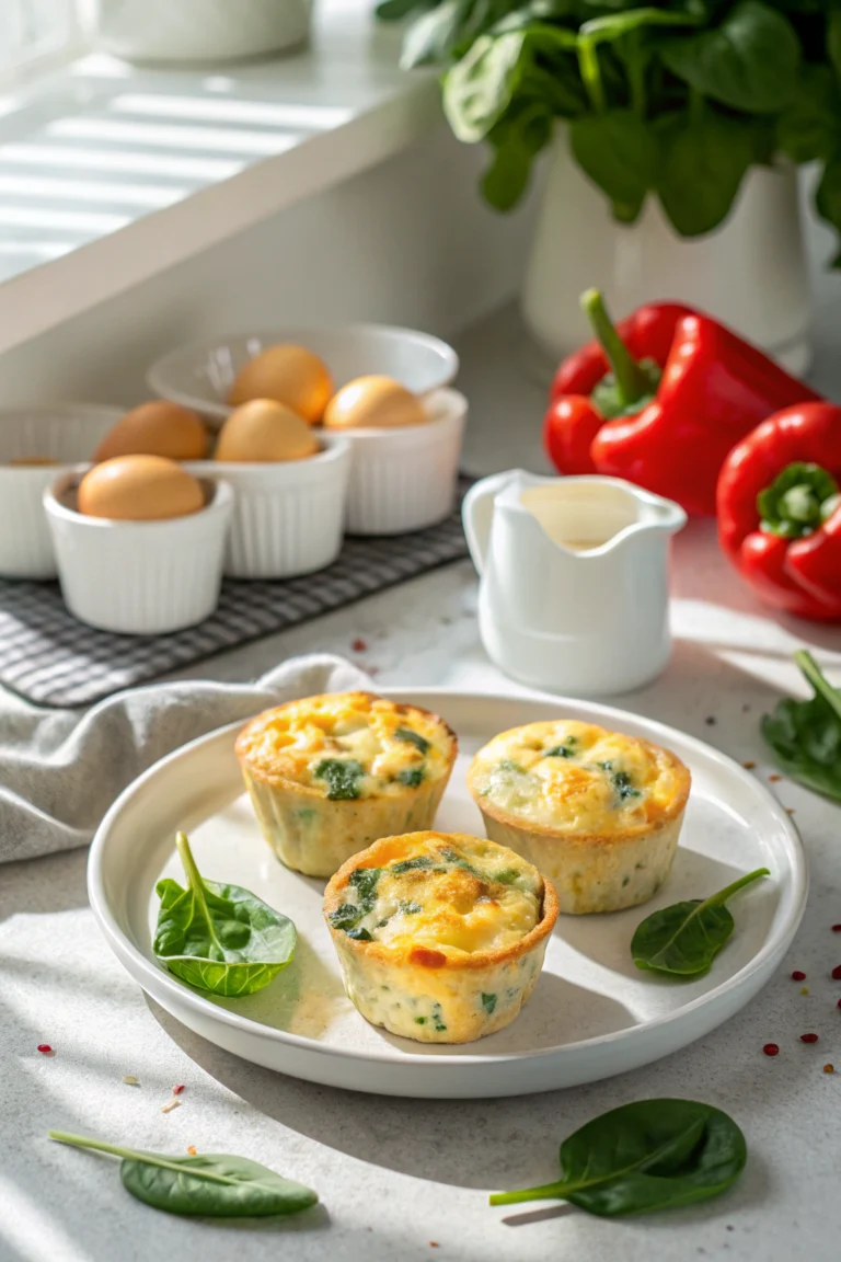 Freshly baked egg bites with cottage cheese, spinach, and red bell pepper in a muffin tin.