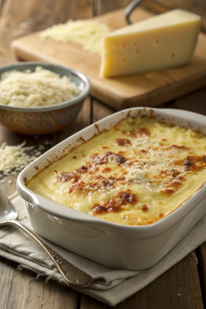 Close-up of bubbling baked gruyere cheese sauce in a white dish with melted golden cheese crust