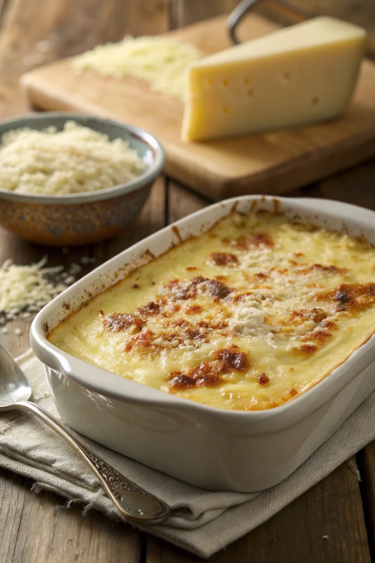 Close-up of bubbling baked gruyere cheese sauce in a white dish with melted golden cheese crust