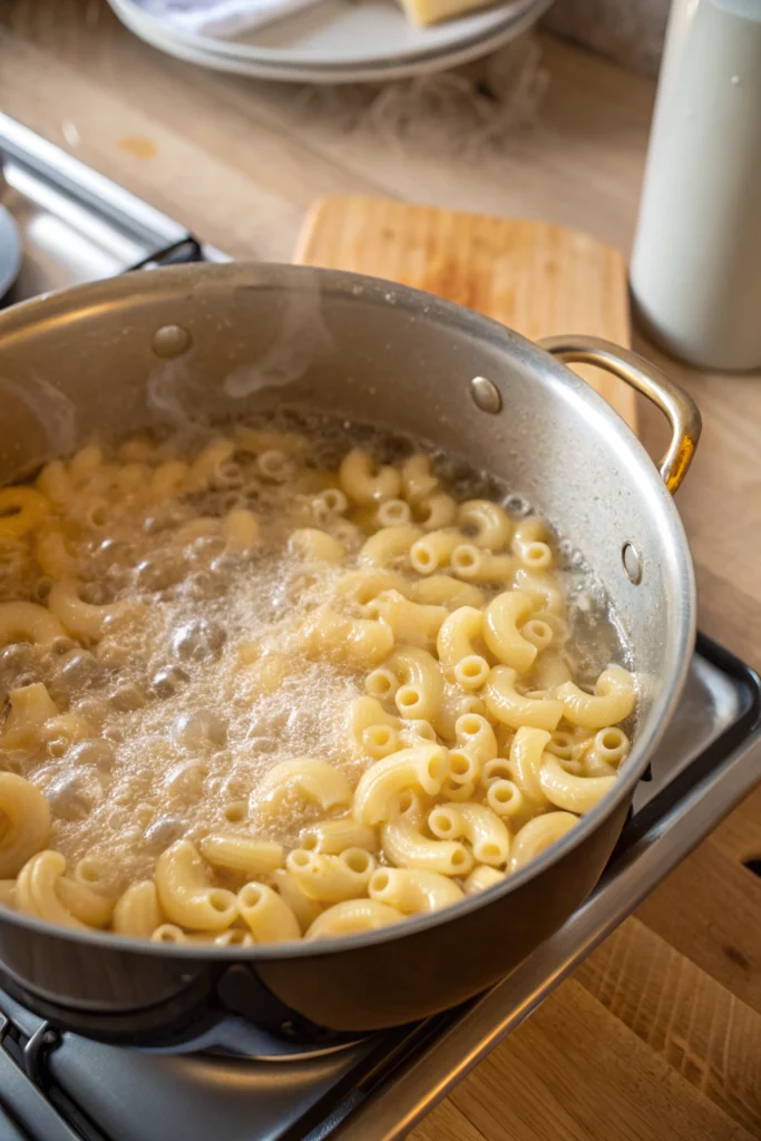 Mac and cheese meatloaf casserole pasta cooking in salted water with rising steam