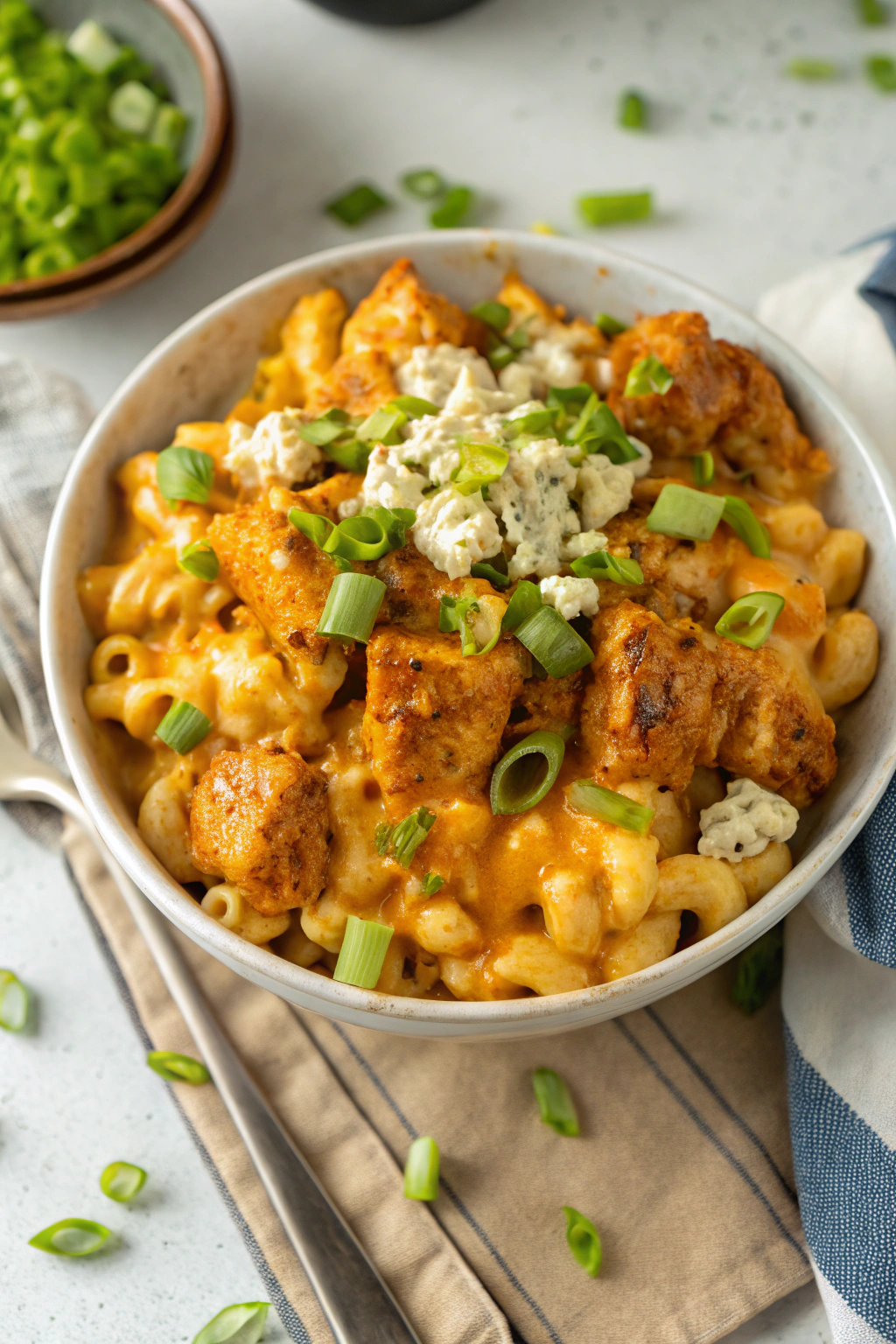 Buffalo chicken mac and cheese served in a bowl, topped with green onions and extra blue cheese