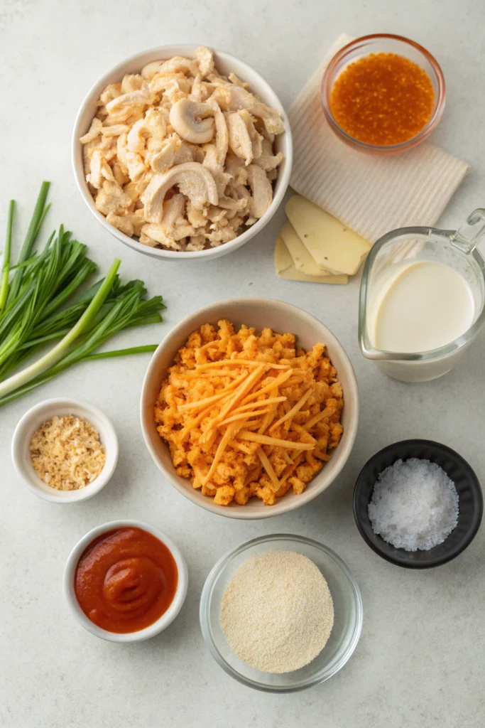 Raw ingredients for buffalo chicken mac and cheese neatly arranged in a top-down view