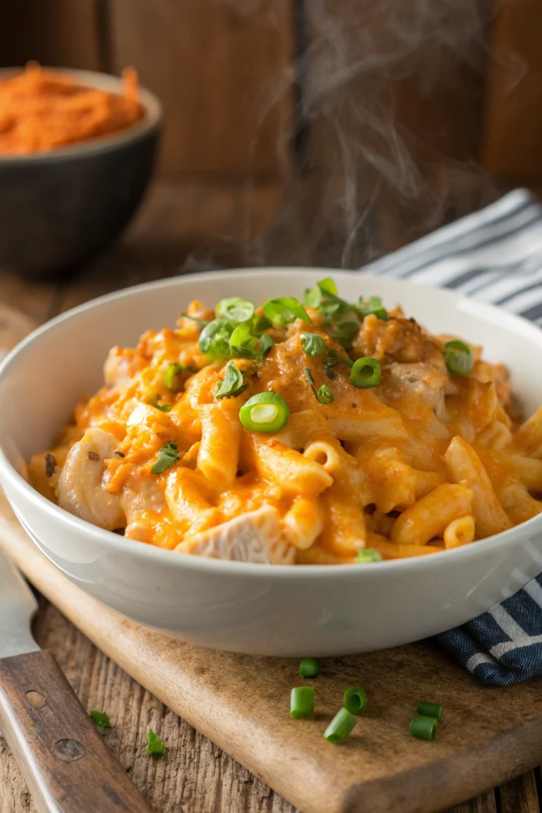 A bowl of buffalo chicken mac and cheese with shredded chicken, melted sharp cheddar, and green onion garnish