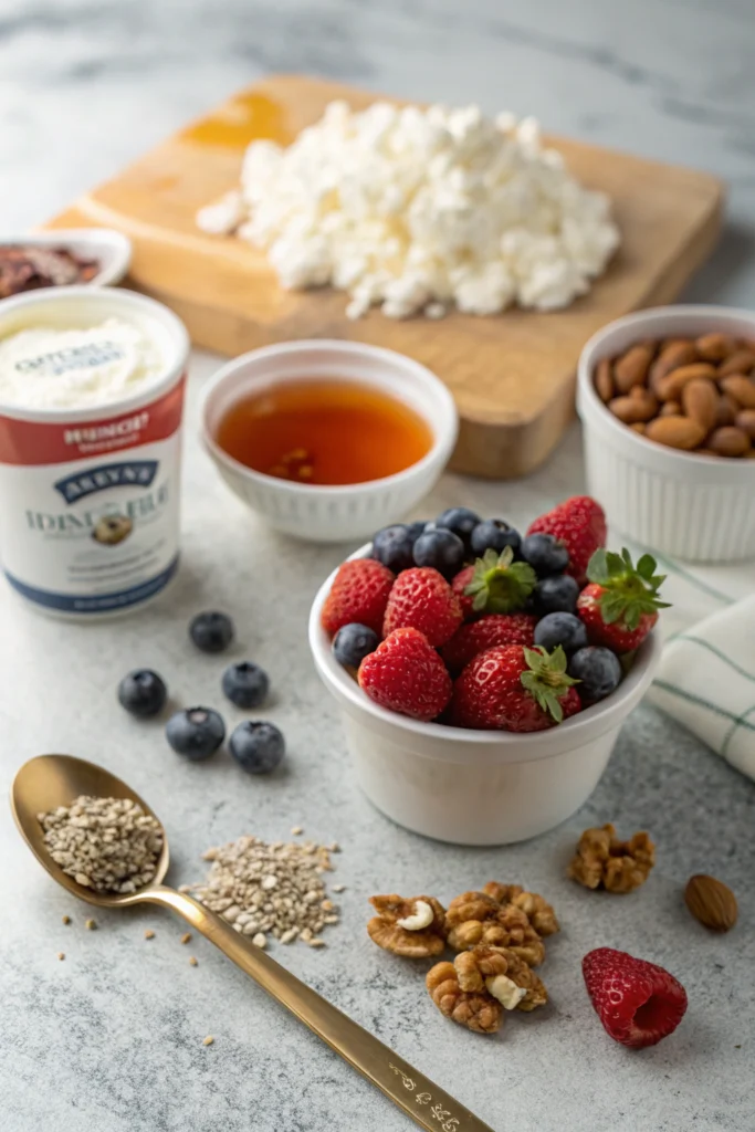 A bowl of Kirkland Signature cottage cheese from Costco topped with assorted fresh berries, nuts, and a drizzle of honey.