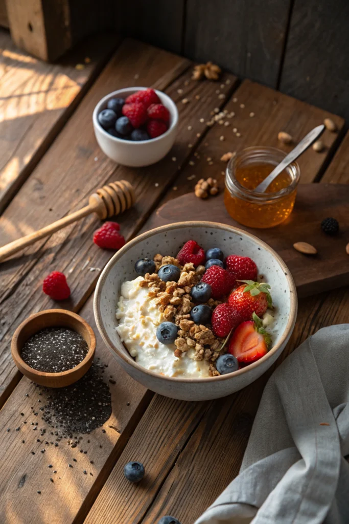Bowl of Costco cottage cheese topped with fresh berries, nuts, and a drizzle of honey