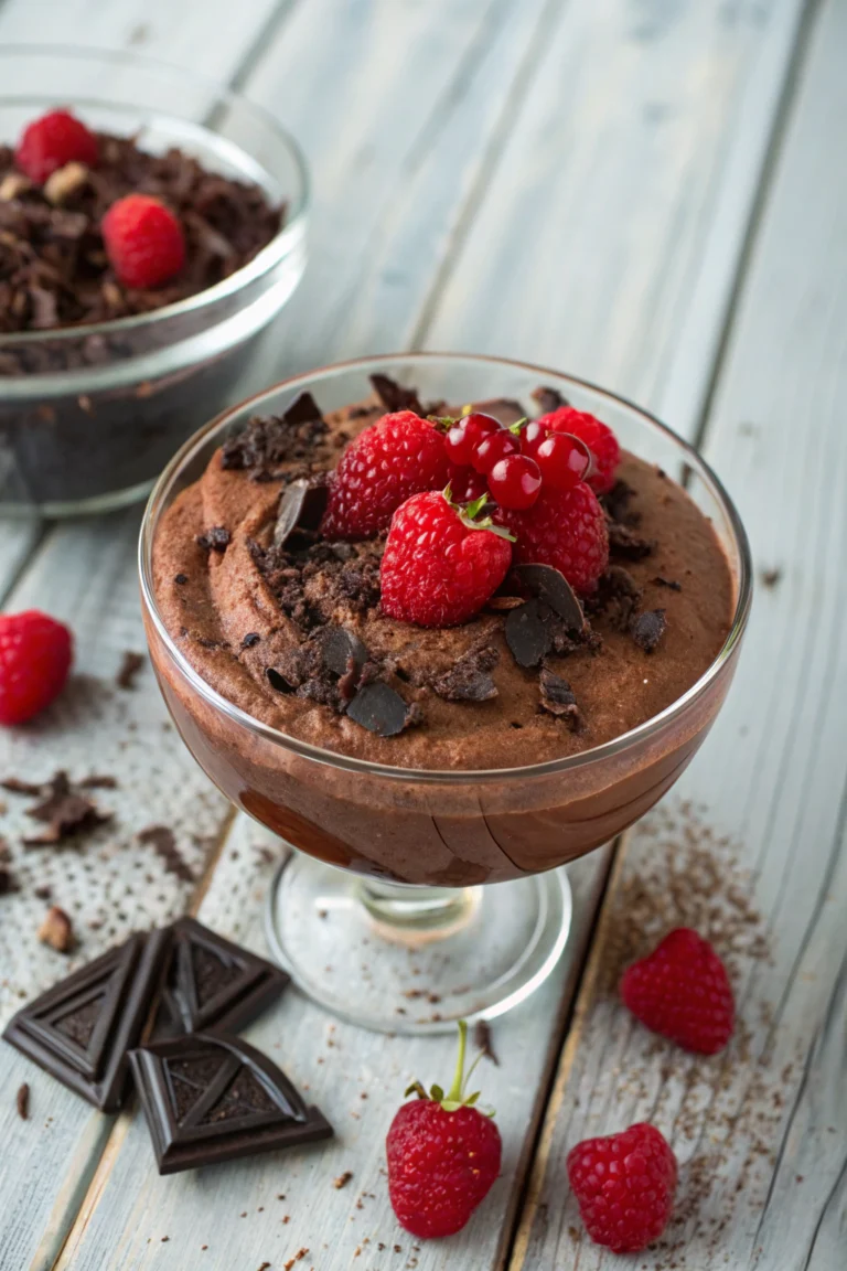 Cottage cheese chocolate mousse topped with dark chocolate shavings and berries.