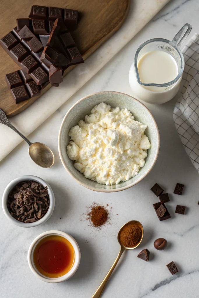 Cottage cheese, cocoa, honey, dark chocolate, and vanilla for mousse