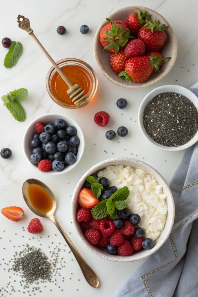Alt text: Bowl of cottage cheese topped with mixed berries, mango, pineapple, and walnuts, garnished with mint.