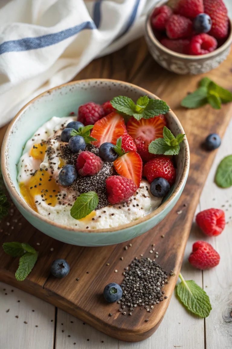 Cottage Cheese and Fruit Bowl Topped with Honey, Chia Seeds, and Mint Leaves