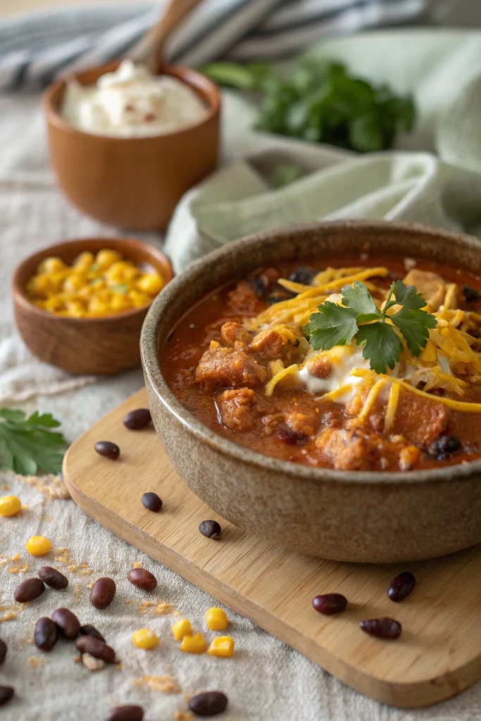 A delicious bowl of cream cheese chicken chili topped with sour cream and shredded cheese.