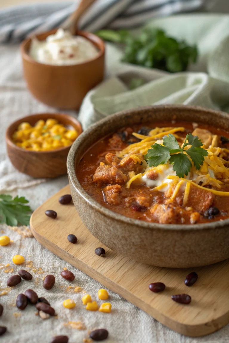 A delicious bowl of cream cheese chicken chili topped with sour cream and shredded cheese.