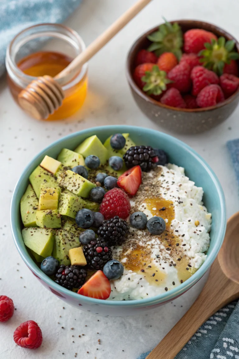 Bowl of fat free cottage cheese topped with avocado, berries, honey and chia seeds.