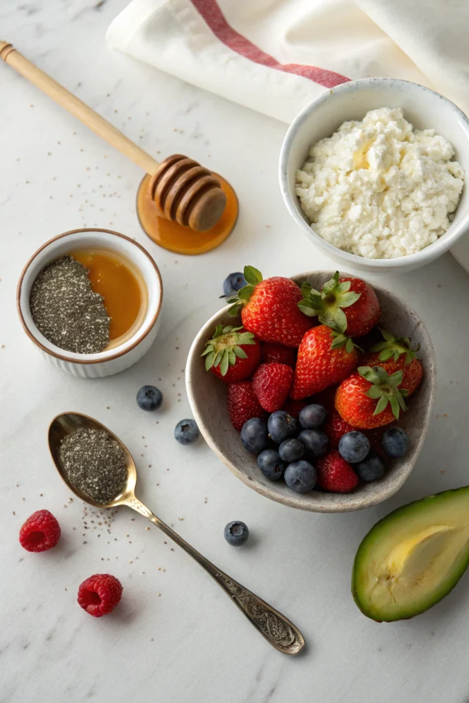 Bowl of fat free cottage cheese topped with avocado, berries, chia seeds, and a honey drizzle, ideal for a healthy snack.