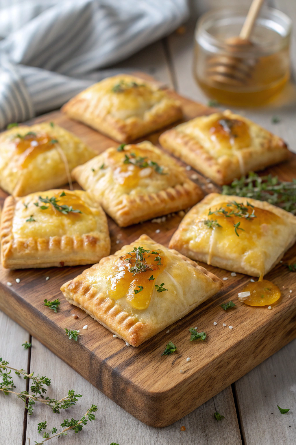 Gruyere cheese topped puff pastry squares with Dijon mustard and fresh thyme