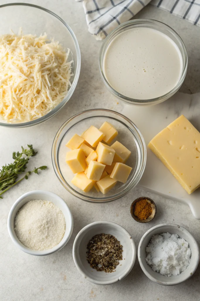 Flat lay of raw gruyere cheese sauce ingredients on a clean kitchen counter with natural light