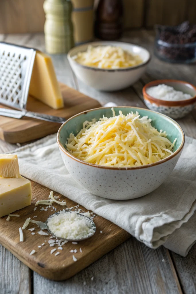 Image of a creamy, blended gruyere cheese substitute made from Emmental, cheddar, and Jarlsberg cheeses in a bowl.