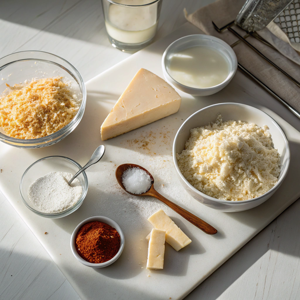 Top-down image showing shredded Fontina, Emmental, Parmesan, browned butter, flour, milk, and spices as a Gruyere cheese substitute