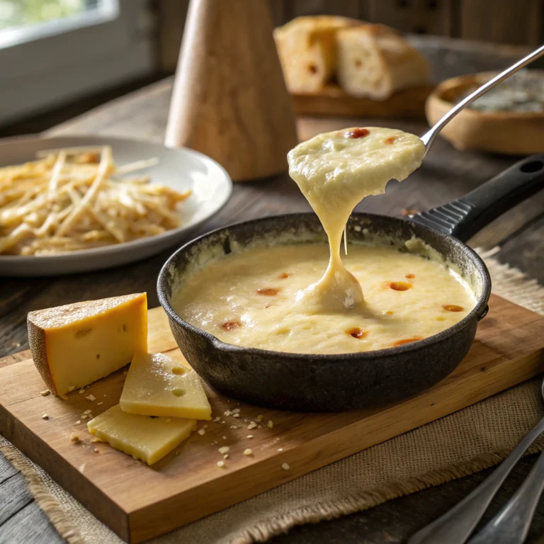 Top view of silky melted cheese blend with Fontina, Emmental, and Parmesan as a Gruyere cheese substitute