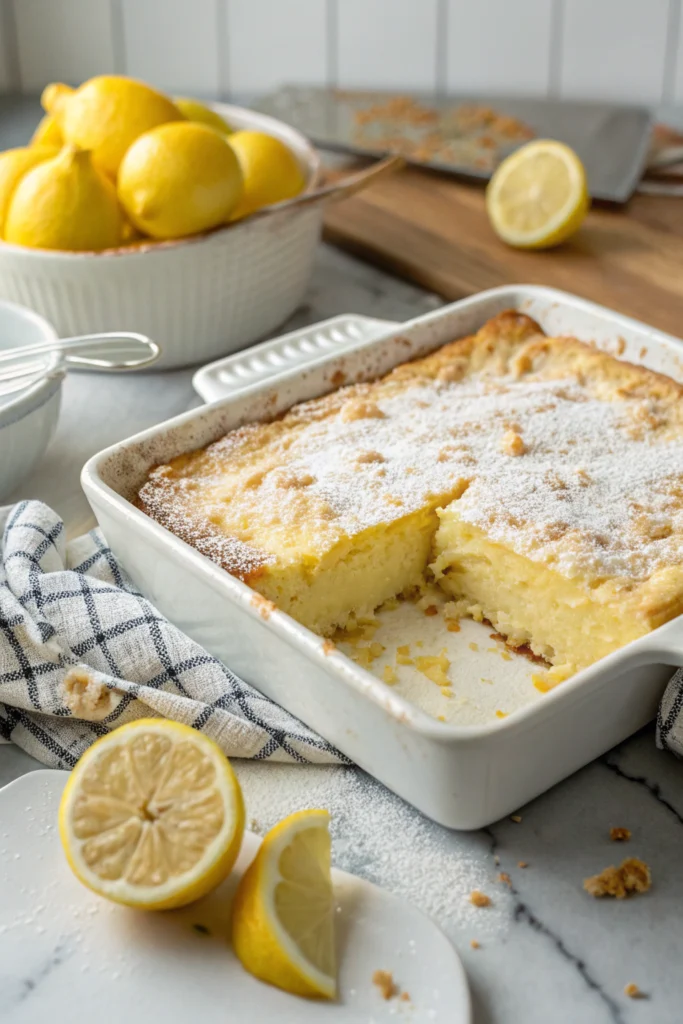 A freshly baked lemon cream cheese dump cake in a baking dish, showing a golden crust and creamy layers.