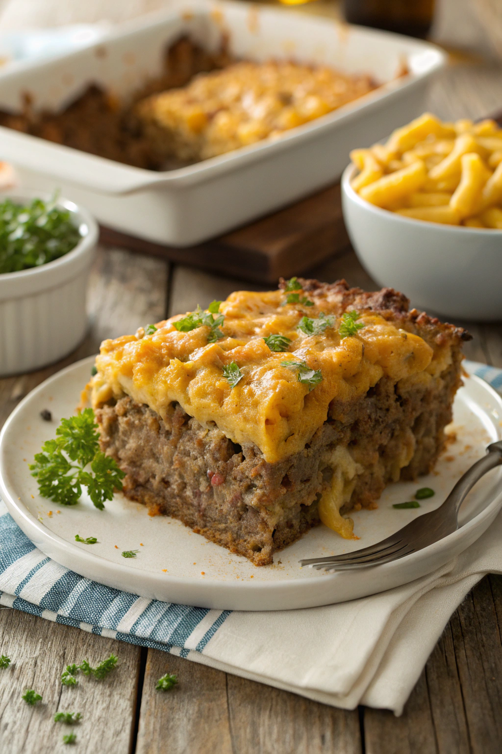 A deliciously layered mac and cheese meatloaf casserole ready to be served.