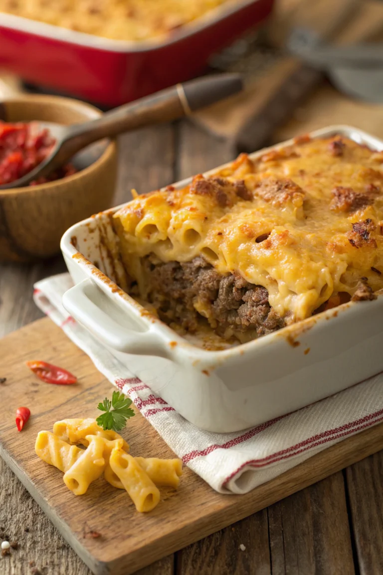 Mac and cheese meatloaf casserole with melted cheddar bubbling on top over creamy pasta and juicy beef.