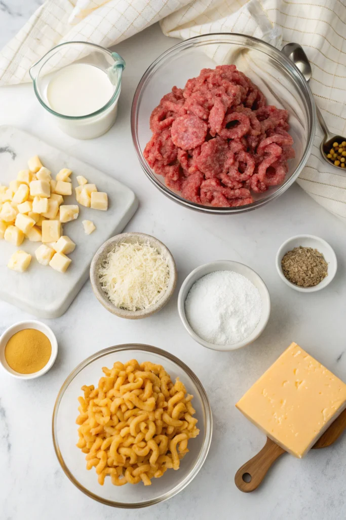 A bowl of rich mac and cheese with ground beef topped with melted mixed cheese.