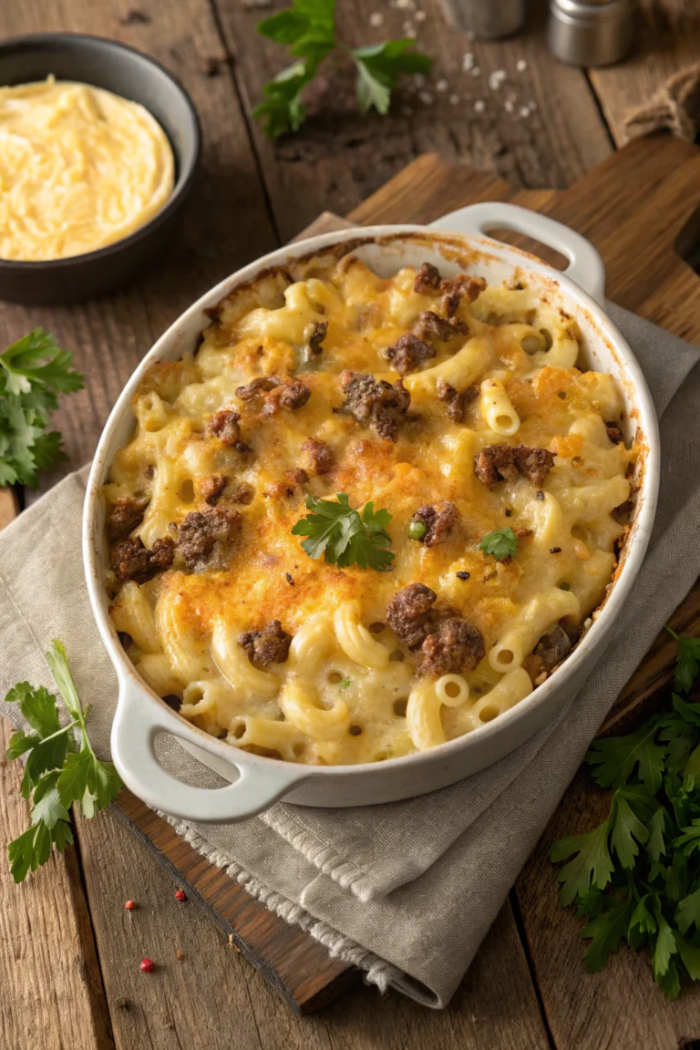 Cheesy mac and cheese with ground beef in a skillet, golden and bubbling with melted cheese