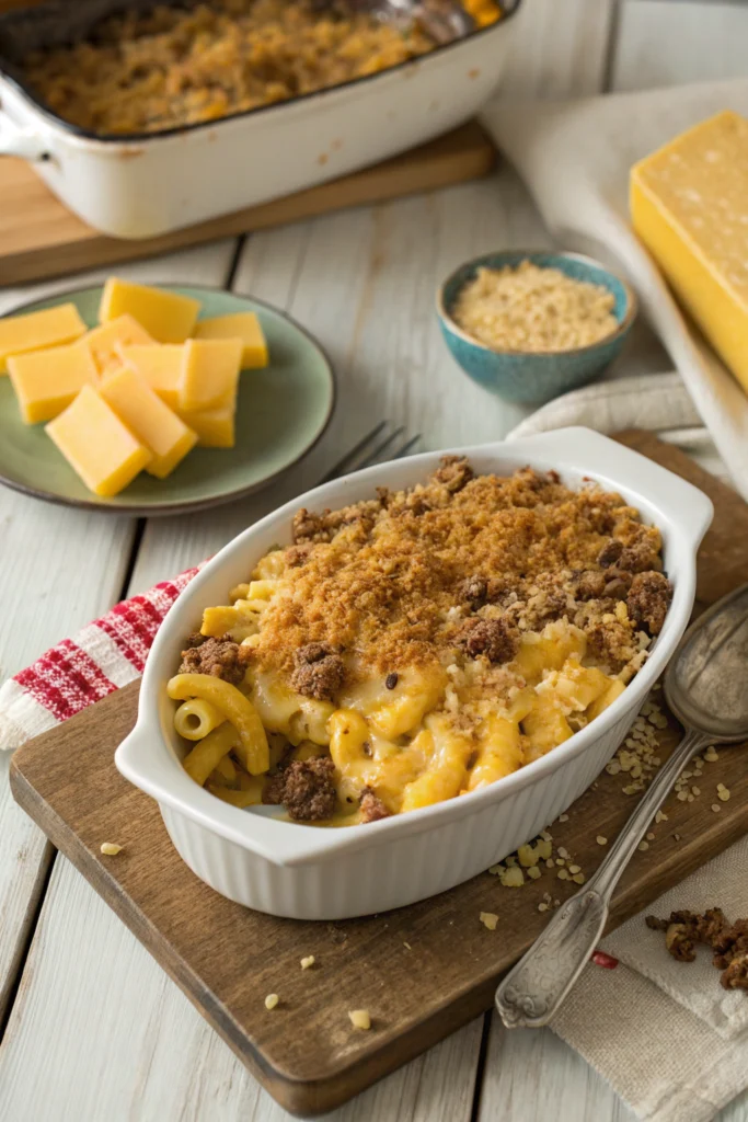 A dish of baked mac and cheese with ground beef topped with golden breadcrumbs.