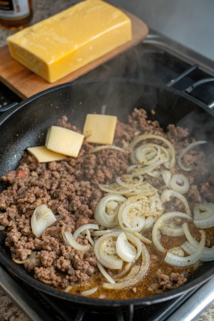 Boiling elbow macaroni for Mac and Cheese with Ground Beef in a large pot