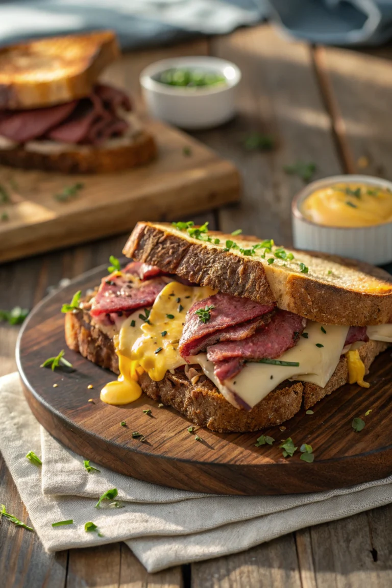 A photo showcasing an open-faced Meat and Cheese Aspen sandwich on crusty bread