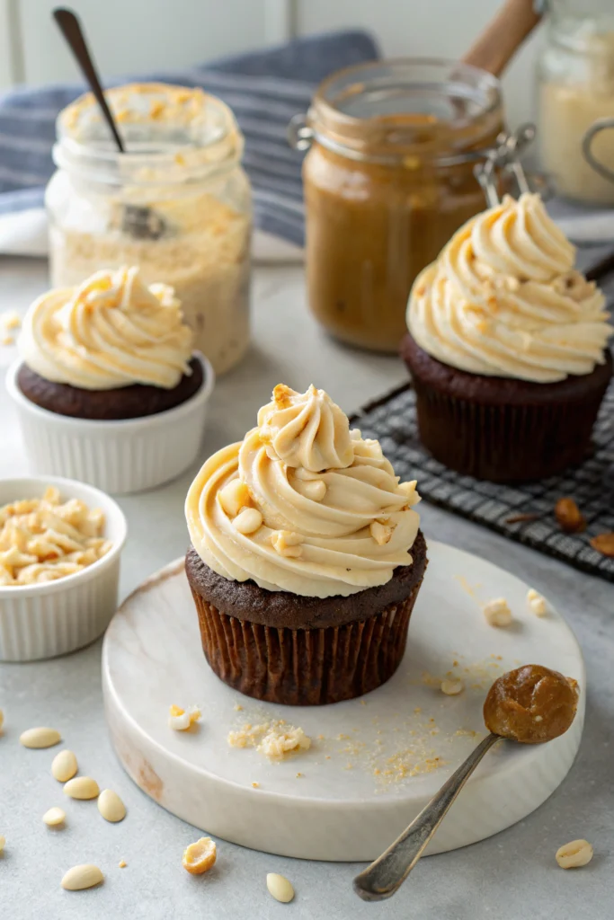 Creamy peanut butter cream cheese frosting in a mixing bowl, ready for spreading