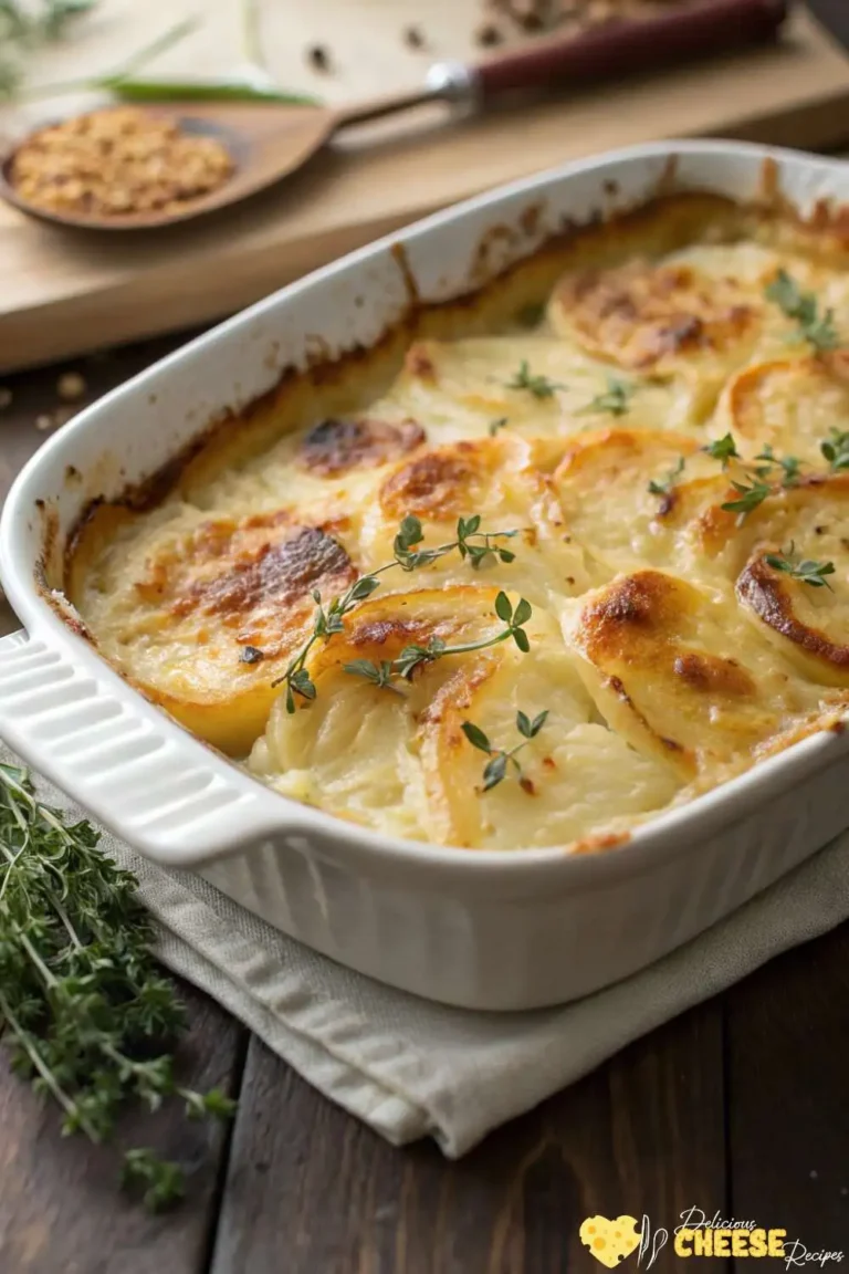 Golden baked potato gratin with melted Gruyere cheese substitute and crispy edges